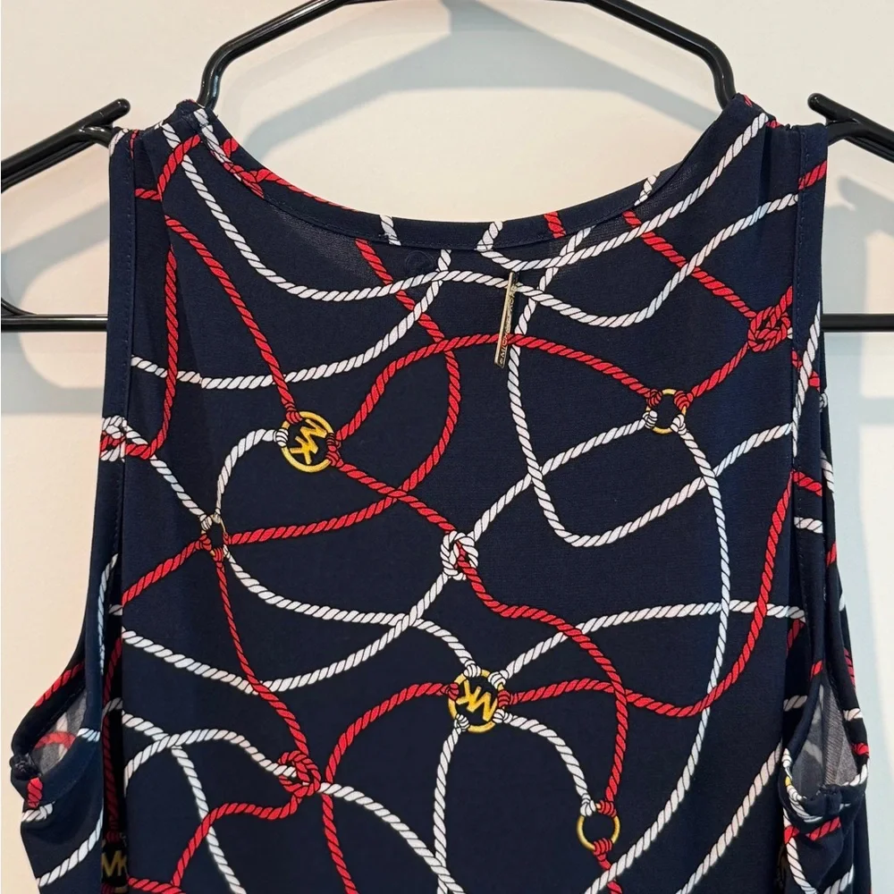 Michael Michael Kors Rope Print Handkerchief Hem Sleeveless Dress Navy Red XSP